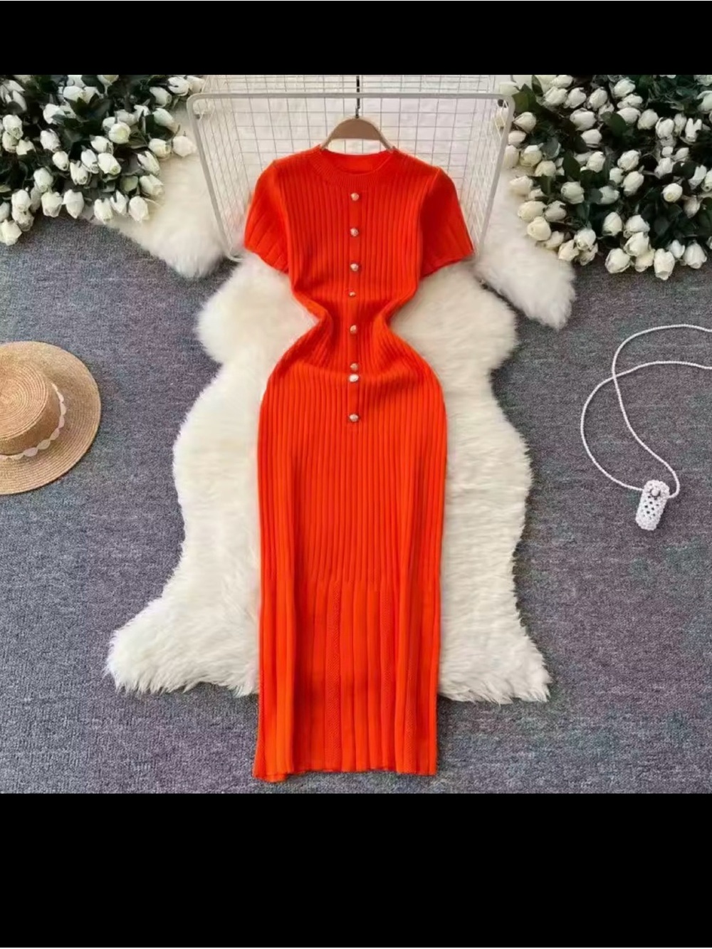 Ribbed Button-Front Maxi Dress in Bright Orange